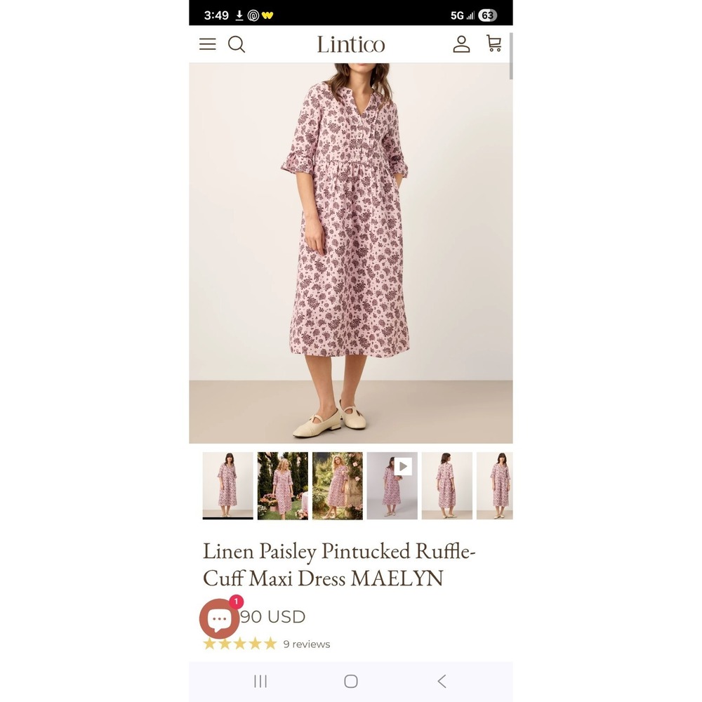 Lintico Dress Size XL Linen Paisley Pintucked Ruffle- CuffMaxi Dress MAELYN Pink - Picture 6 of 6